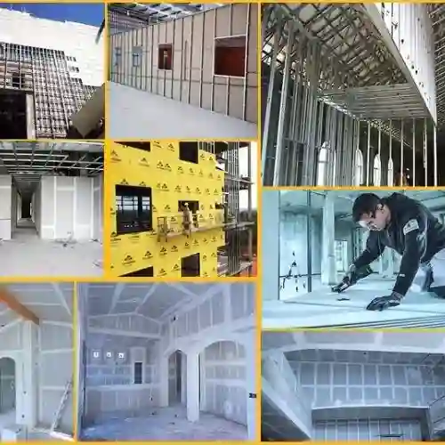 Instalación de Tablaroca y Marcos Metálicos en Miguel Hidalgo Collage mostrando la instalación de Tablaroca (muros ligeros) y albañilería especializada en interiores corporativos y comerciales, realizados en la alcaldía Miguel Hidalgo, CDMX.